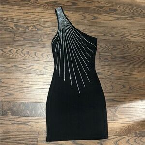 Elegant Black One-Shoulder Dress with Silver Accents